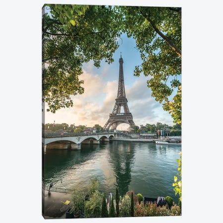Eiffel Tower Along The Banks Of The Seine At Sunrise Canvas Print #JNB1909} by Jan Becke Canvas Art Print