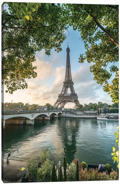Eiffel Tower Along The Banks Of The Seine At Sunrise Canvas Art Print - The Eiffel Tower