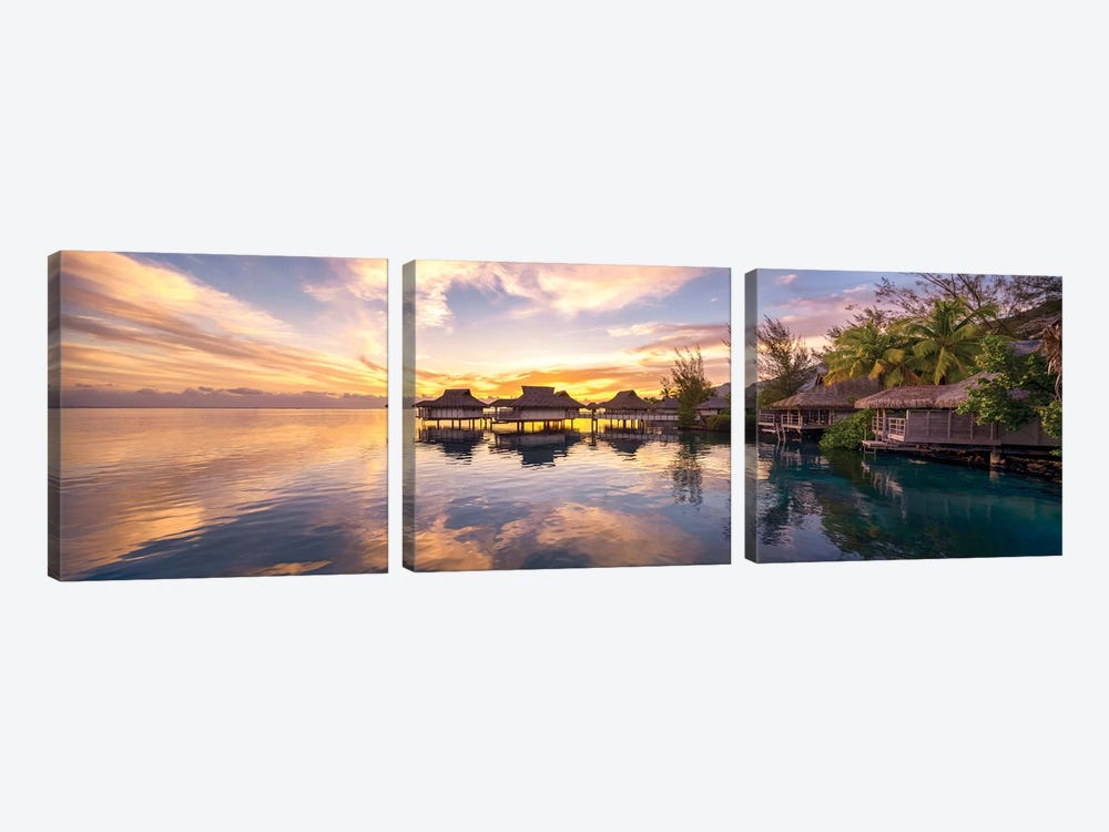 Sunset At A Luxury Beach Resort On Bora Bora, French Polynesia by Jan Becke 3-piece Canvas Wall Art