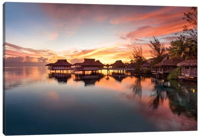 Romantic Sunset At A Luxury Beach Resort On Bora Bora Canvas Art Print - French Polynesia Art