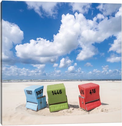 Colorful Beach Chairs At Langeoog Westbad Beach, North Sea Coast, Germany Canvas Art Print