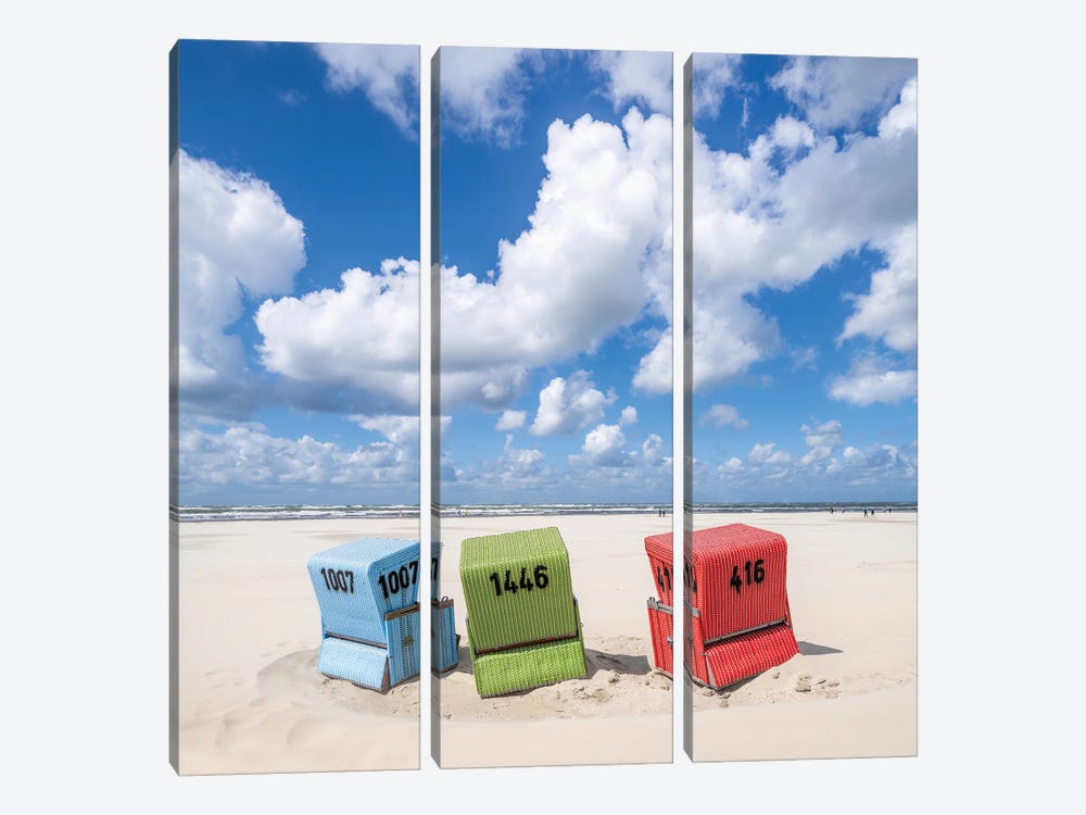 Colorful Beach Chairs At Langeoog Westbad Beach, North Sea Coast, Germany by Jan Becke 3-piece Art Print