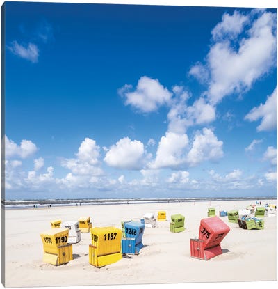 Colorful Beach Chairs Near Langeoog Westbad Beach, North Sea Coast, Lower Saxony, Germany Canvas Art Print