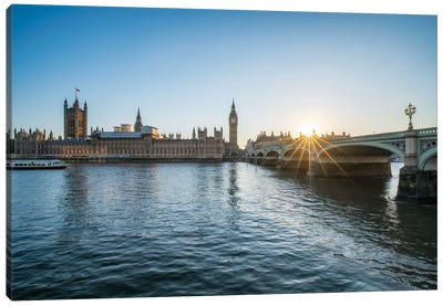 Sunset At The Westminster Bridge In London Canvas Art Print - London Skylines