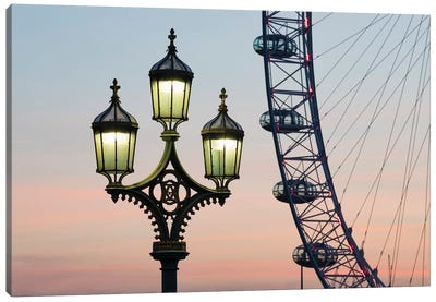 Street Lamp With London Eye In The Background Canvas Art Print - Amusement Park Art