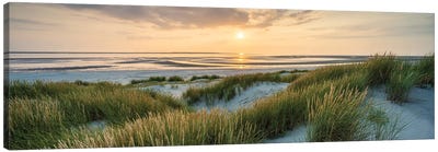 Beautiful Dune Beach Panorama At Sunset In Warm Evening Light Canvas Art Print - Coastal Sand Dune Art