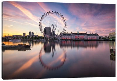 London Cityscape Along The Thames River With Millenium Wheel Canvas Art Print - Amusement Park Art