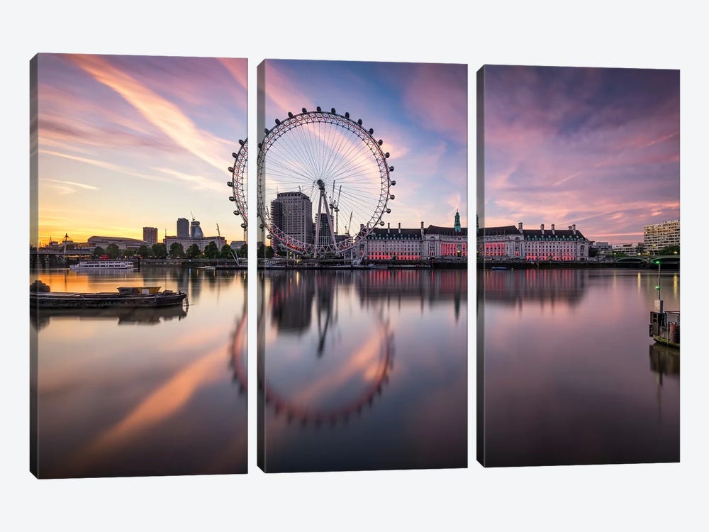 London Cityscape Along The Thames River With Millenium Wheel by Jan Becke 3-piece Canvas Art
