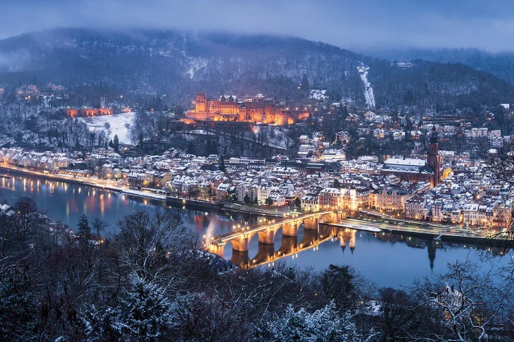 City Of Heidelberg In Winter With View Of The Old Bridge And Castle