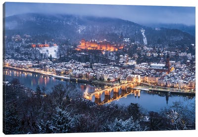City Of Heidelberg In Winter With View Of The Old Bridge And Castle Canvas Art Print - Castle & Palace Art