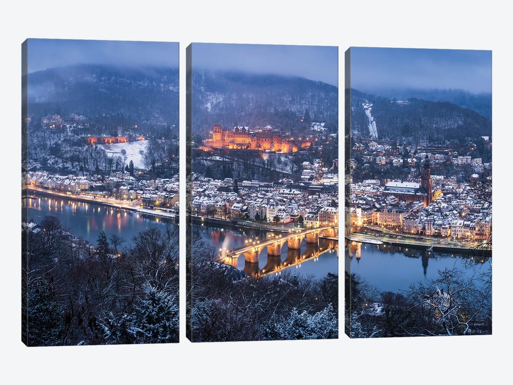 City Of Heidelberg In Winter With View Of The Old Bridge And Castle by Jan Becke 3-piece Canvas Print