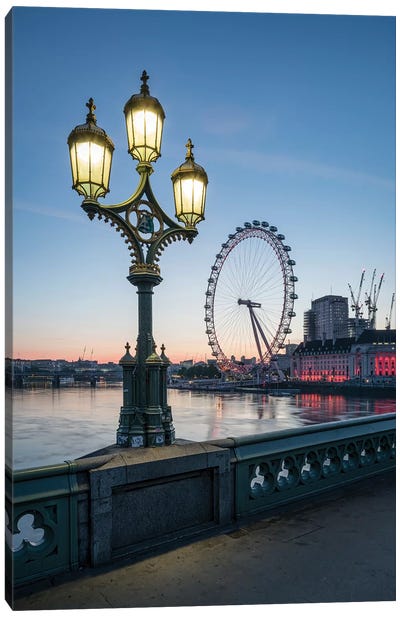London Eye And Westminster Bridge At Dusk Canvas Art Print - Ferris Wheels