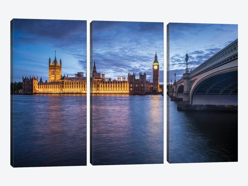 Palace Of Westminster And Big Ben Along The The River Thames 3-piece Canvas Wall Art