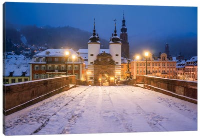Snow At The Alte Brücke (Old Bridge) In Heidelberg, Germany Canvas Art Print