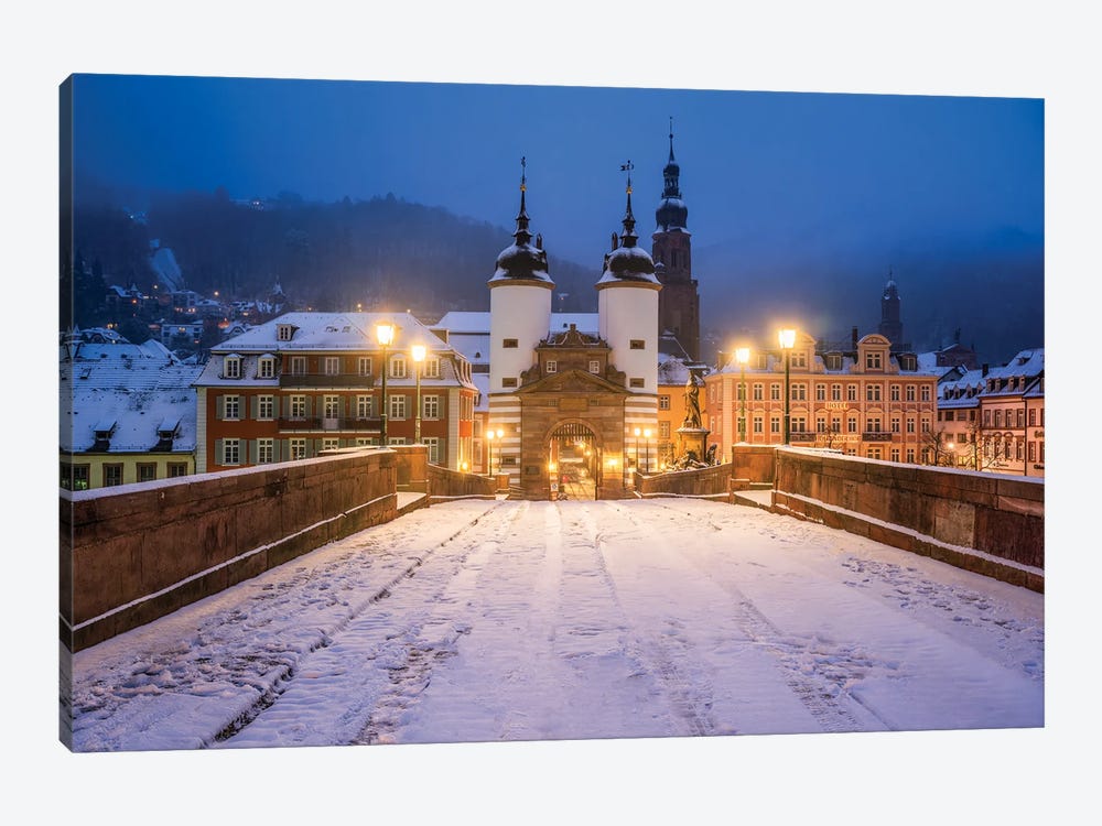 Snow At The Alte Brücke (Old Bridge) In Heidelberg, Germany by Jan Becke 1-piece Art Print
