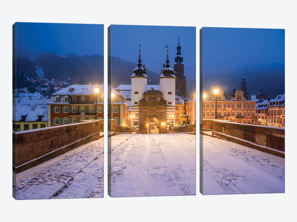 Snow At The Alte Brücke (Old Bridge) In Heidelberg, Germany by Jan Becke 3-piece Art Print