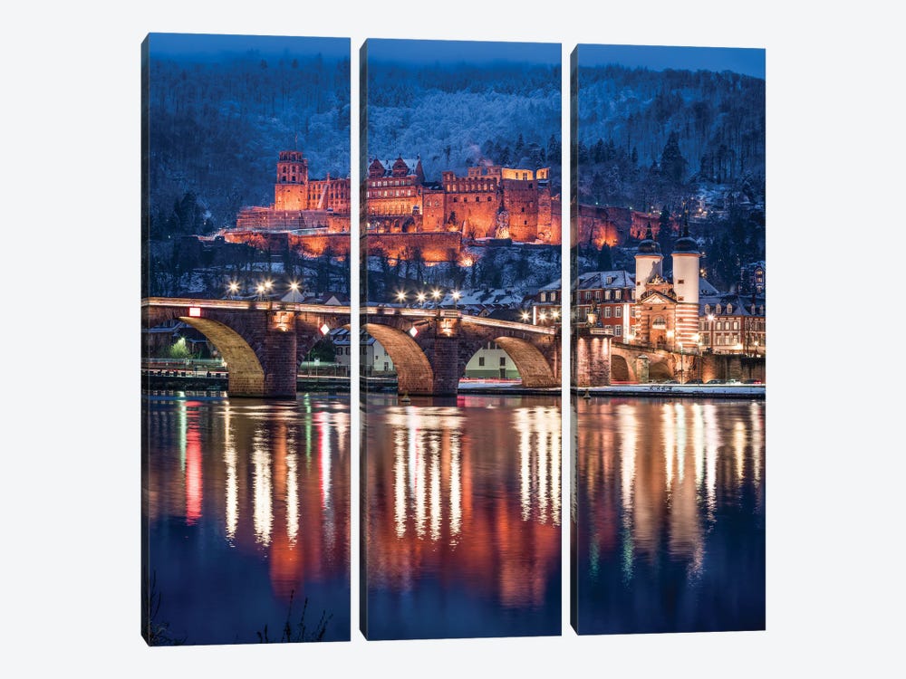 Heidelberg Castle And Alte Brücke (Old Bridge) In Winter, Baden-Wuerttemberg, Germany by Jan Becke 3-piece Canvas Print
