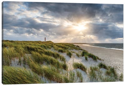 Dramatic Sunset Near The North Sea Coast On Sylt, Schleswig-Holstein, Germany Canvas Art Print - Coastal Sand Dune Art