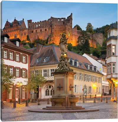 Kornmarkt Square With Heidelberg Castle Ruins In The Background, Baden-Wuerttemberg, Germany Canvas Art Print - Heidelberg