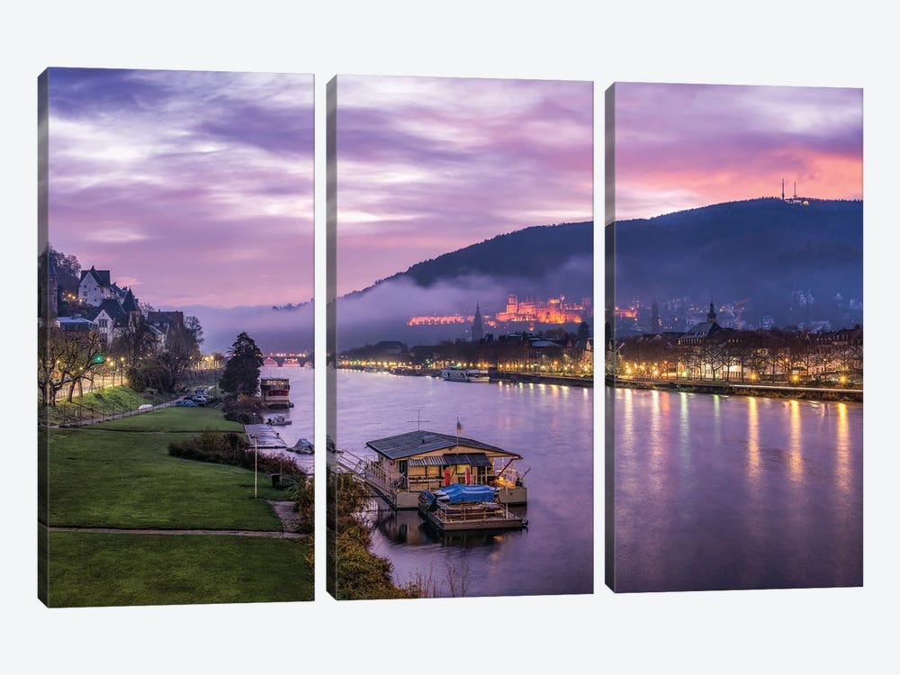 Winter Sunrise With View Of Heidelberg Castle And Neckar River, Baden-Wuerttemberg, Germany by Jan Becke 3-piece Canvas Print