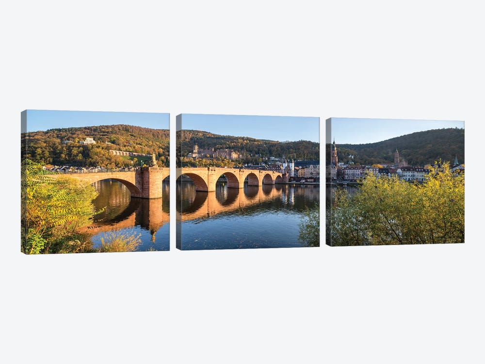Heidelberg Panorama In Autumn With Old Bridge, Neckar River And Heidelberg Castle by Jan Becke 3-piece Canvas Wall Art