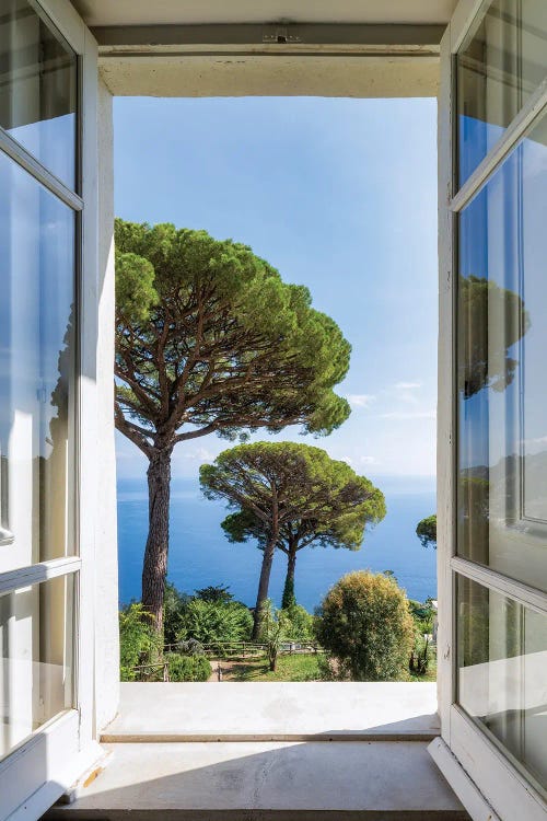 View Into The Garden With Stone Pine Trees, Capri Island, Naples, Italy