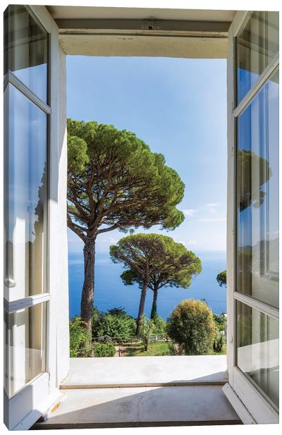 View Into The Garden With Stone Pine Trees, Capri Island, Naples, Italy Canvas Art Print - Campania Art