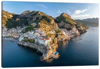 Aerial View Of The Amalfi Coast With The Towns Amalfi And Atrani, Gulf Of Naples, Italy Canvas Art Print - Campania Art