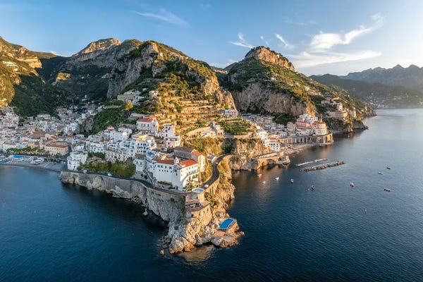 Campania: Aerial View Of The Amalfi Coast With The Towns Amalfi And Atrani, Gulf Of Naples, Italy by Jan Becke