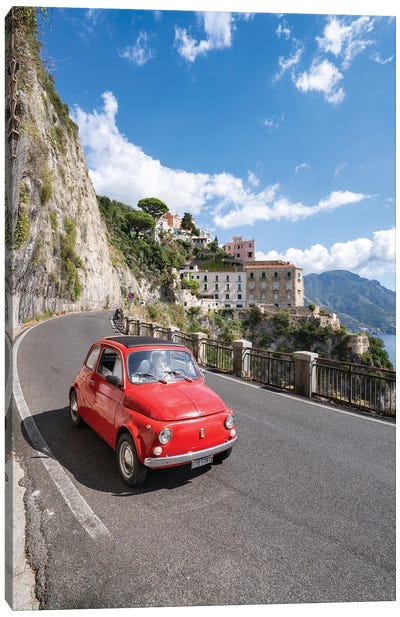 Tour Along The Amalfi Coast In A Red Fiat Cinquecento 500, Atrani, Italy Canvas Art Print - Amalfi Coast Art