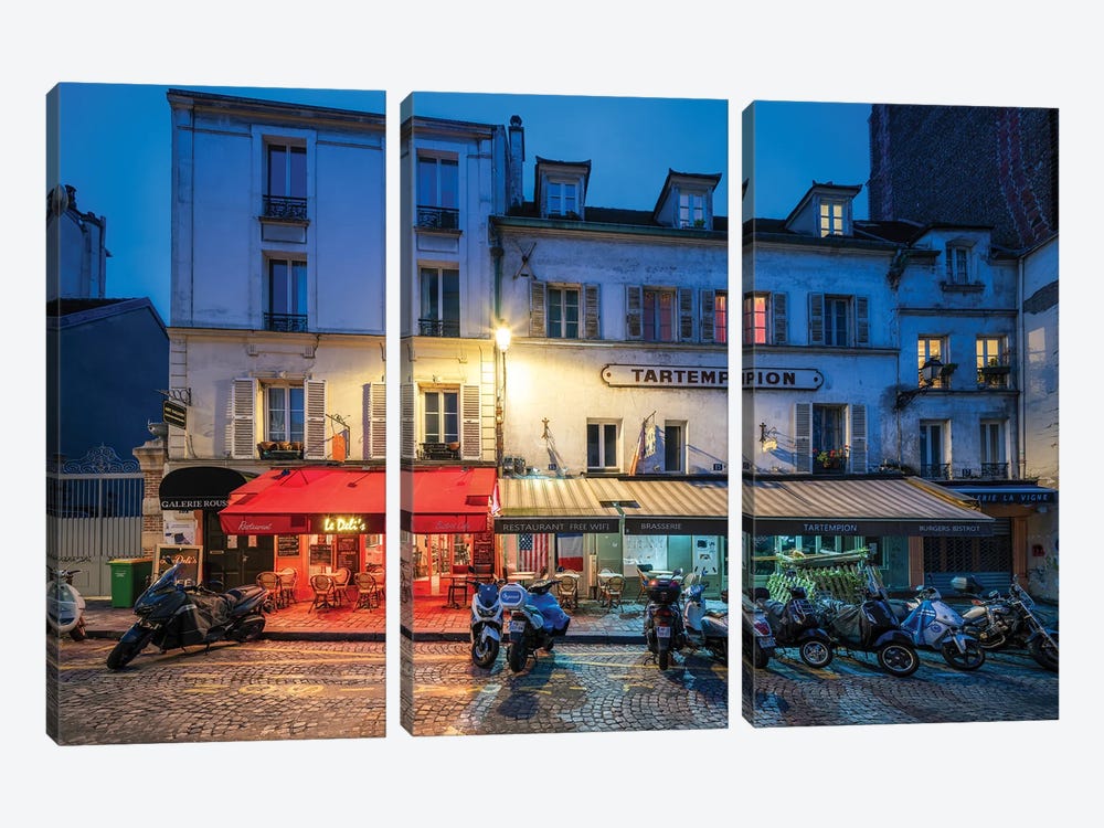 Street Cafe In Montmartre In The Evening Paris, France by Jan Becke 3-piece Canvas Print