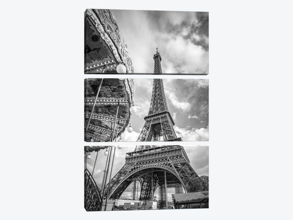 Carousel Of The Eiffel Tower In Black And White Paris, France by Jan Becke 3-piece Canvas Wall Art