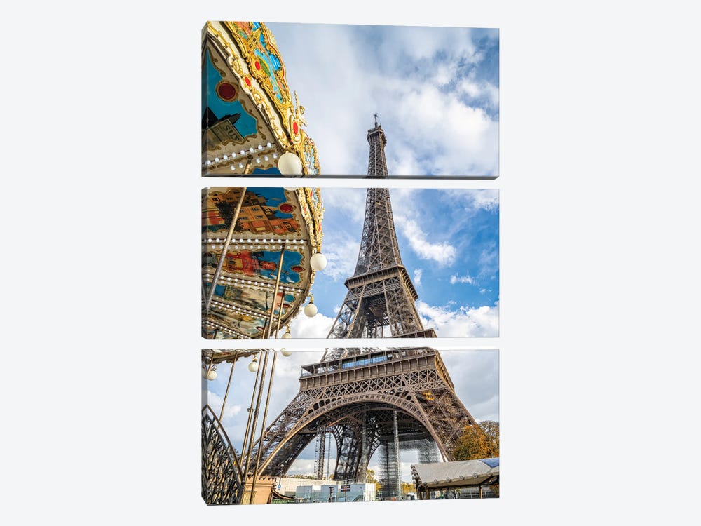Carousel Of The Eiffel Tower Paris, France by Jan Becke 3-piece Canvas Art Print