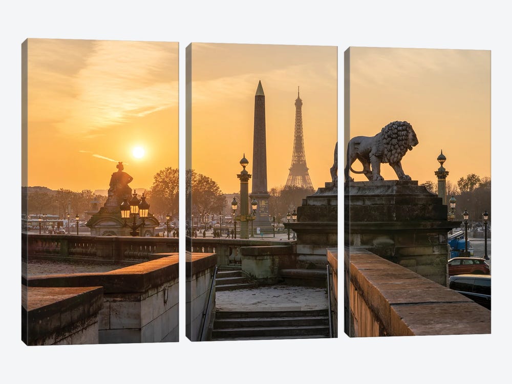 Sunset At The Place De La Concorde With Eiffel Tower In The Background Paris, France by Jan Becke 3-piece Canvas Artwork