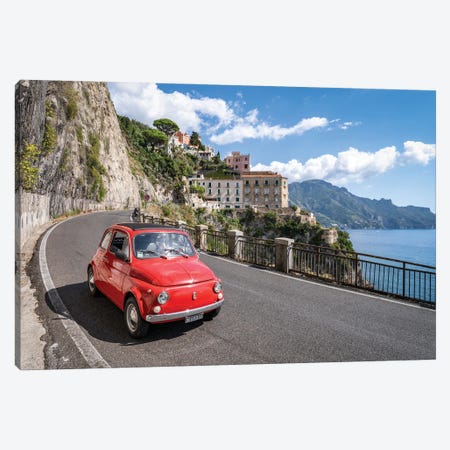 Red Fiat Cinquecento Fiat 500 Along The Amalfi Coast With The Town Of Atrani In The Background Naples, Italy Canvas Print #JNB2096} by Jan Becke Canvas Wall Art