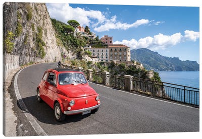 Red Fiat Cinquecento Fiat 500 Along The Amalfi Coast With The Town Of Atrani In The Background Naples, Italy Canvas Art Print - Campania