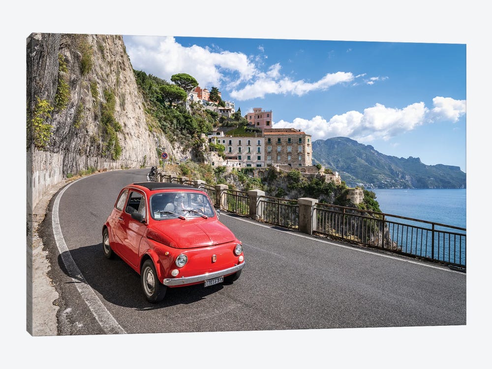 Red Fiat Cinquecento Fiat 500 Along The Amalfi Coast With The Town Of Atrani In The Background Naples, Italy by Jan Becke 1-piece Art Print