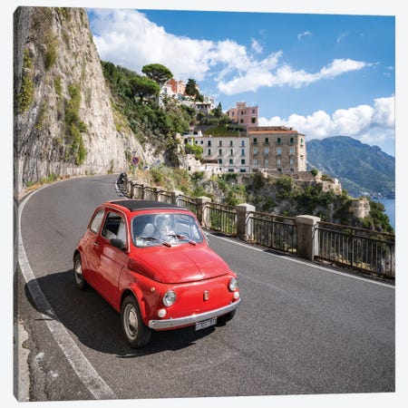 Original Red Fiat Cinquecento Fiat 500 Along The Amalfi Coast With The Town Of Atrani In The Background Naples, Italy Canvas Print #JNB2097} by Jan Becke Canvas Wall Art