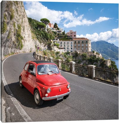 Original Red Fiat Cinquecento Fiat 500 Along The Amalfi Coast With The Town Of Atrani In The Background Naples, Italy Canvas Art Print - Naples