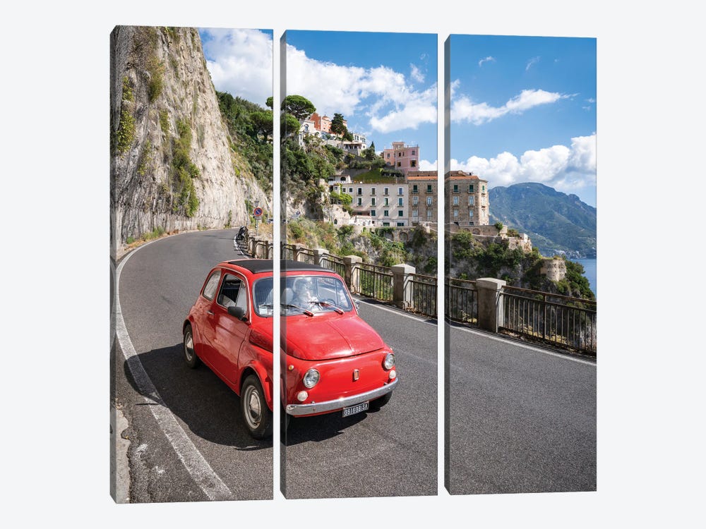 Original Red Fiat Cinquecento Fiat 500 Along The Amalfi Coast With The Town Of Atrani In The Background Naples, Italy by Jan Becke 3-piece Canvas Wall Art