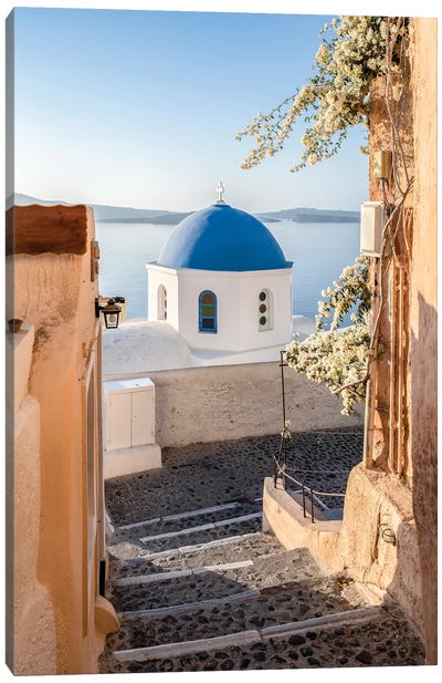 Blue Dome Church In Oia Santorini, Greece Canvas Art Print - Famous Places of Worship