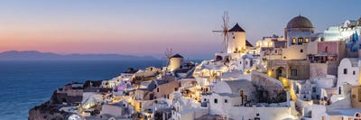 Oia Panorama At Sunset Santorini, Greece by Jan Becke framed canvas print