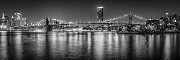 Brooklyn Bridge: Brooklyn Bridge Panorama In Black And White, New York City, USA by Jan Becke