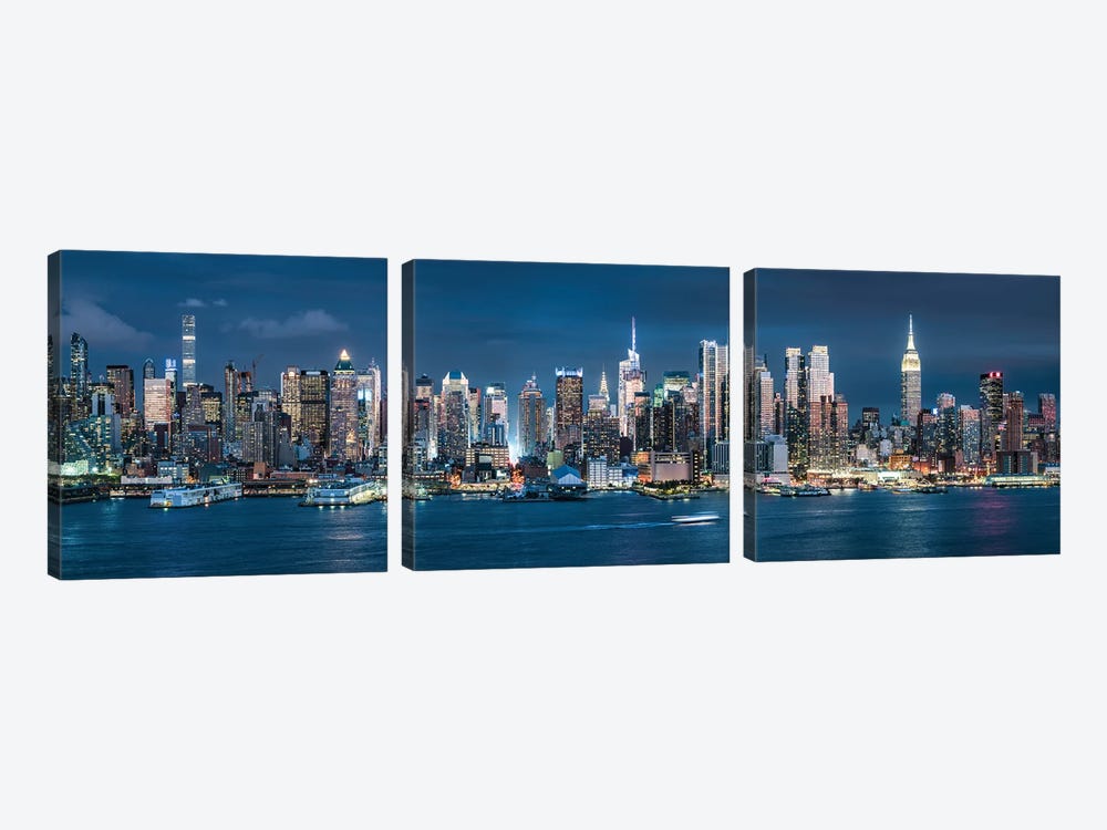 Manhattan Skyline Panorama At Night by Jan Becke 3-piece Canvas Print