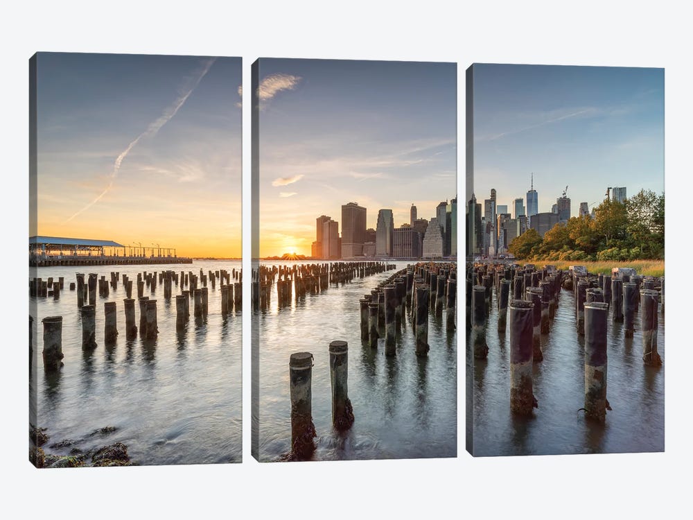 Manhattan Skyline At Sunset, Brooklyn Bridge Park Pier I, New York City, USA by Jan Becke 3-piece Canvas Print