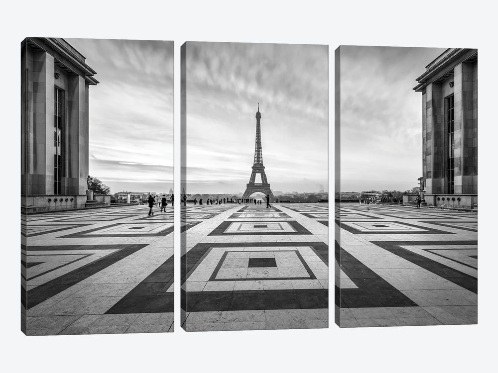 Place Du Trocadéro And Eiffel Tower Black And White, Paris, France by Jan Becke 3-piece Canvas Print