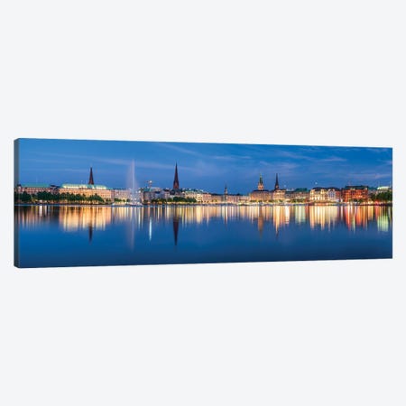 Panoramic View Of The Binnenalster (Inner Alster Lak) At Night Canvas Print #JNB2147} by Jan Becke Canvas Wall Art