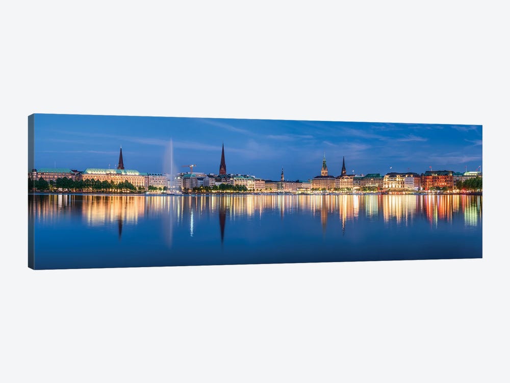 Panoramic View Of The Binnenalster (Inner Alster Lak) At Night by Jan Becke 1-piece Canvas Wall Art