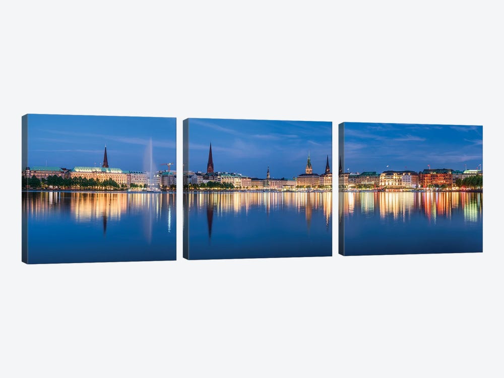 Panoramic View Of The Binnenalster (Inner Alster Lak) At Night by Jan Becke 3-piece Canvas Art