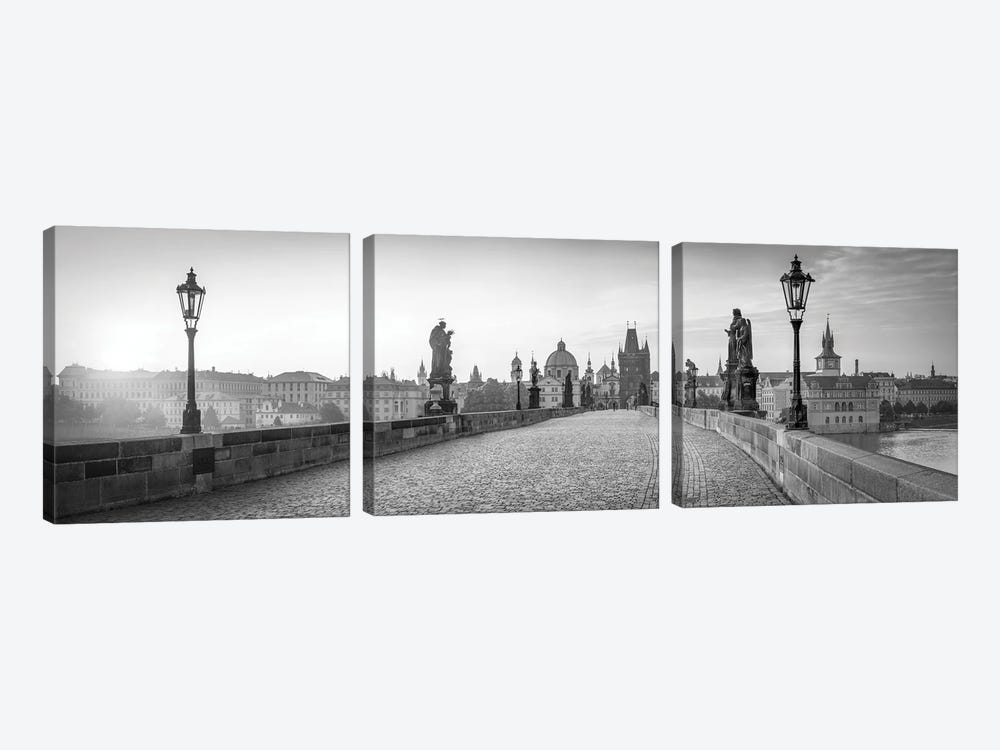 Charles Bridge Panorama In Black And White, Prague, Czech Republic by Jan Becke 3-piece Canvas Art Print